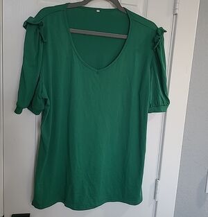 Green V-Neck Women's Top with Tie-Shoulder Sleeves